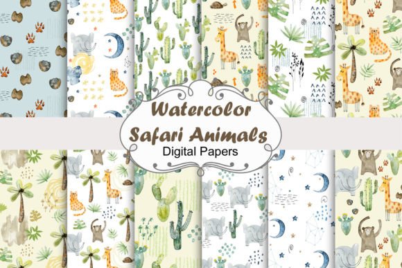 Watercolor Safari Animals Seamless Patt